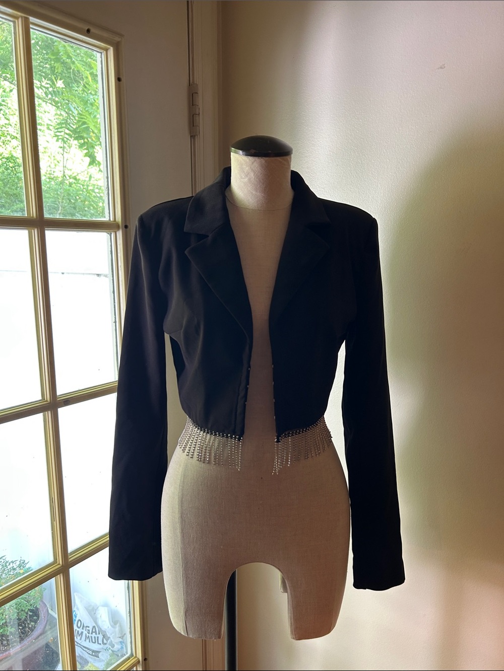 Zara black RHINESTONE FRINGE crop blazer/top sz. Small. *flaw, please read. - Picture 5 of 11